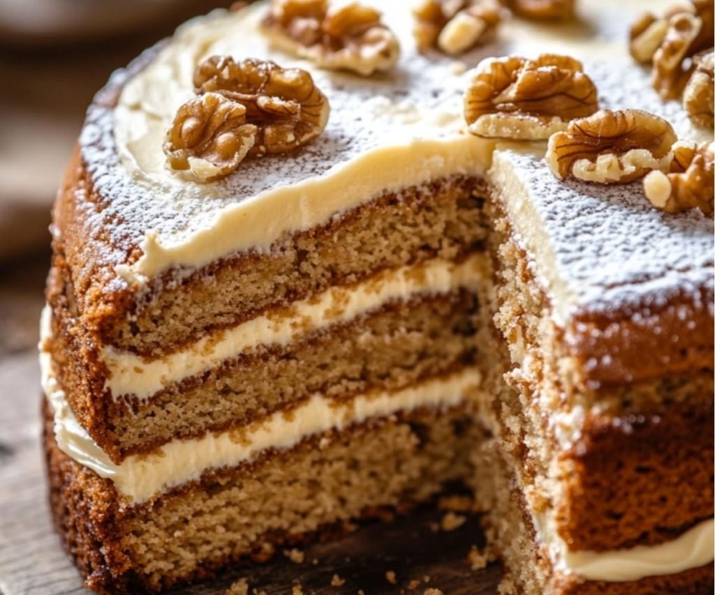 Coffee and walnut sponge cake topped with buttercream and walnut halves
