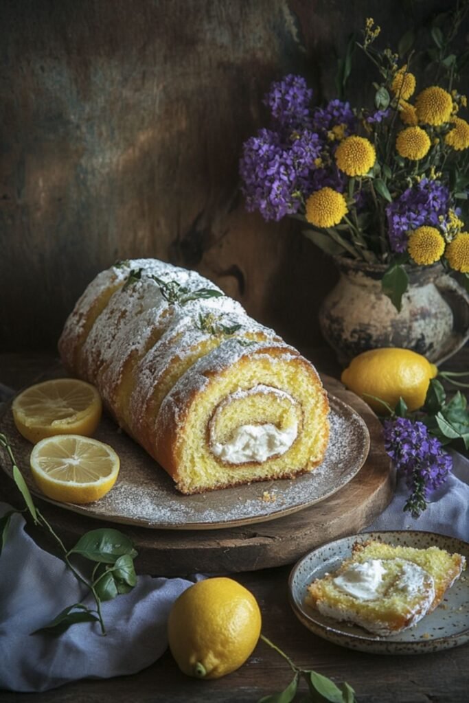 Mary Berry lemon Swiss roll sliced to show the lemon curd swirl