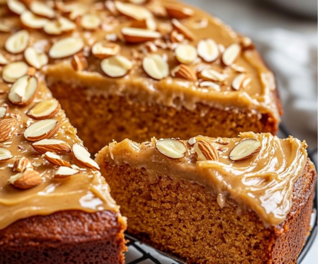 Mary Berry almond spice cake with toasted almonds and caramel topping