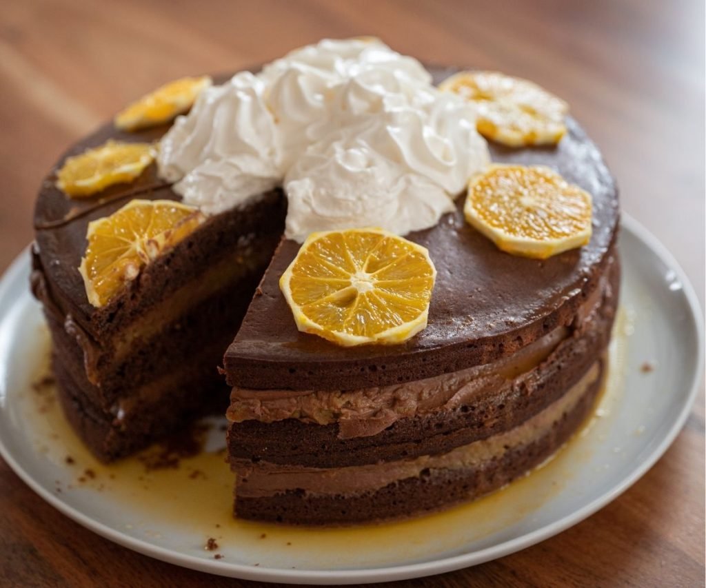 Mary Berry chocolate orange cake topped with chopped orange chocolate
