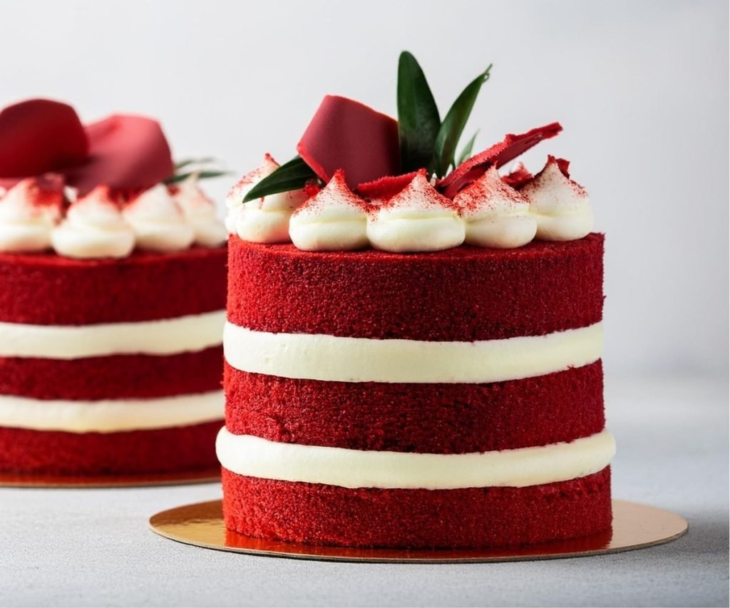 Mary Berry red velvet cake with four sponge layers and cream cheese frosting