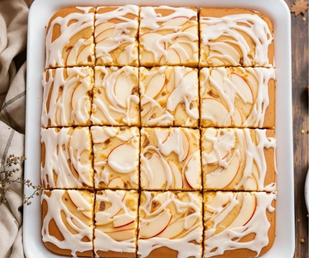 Apple and vanilla sheet cake topped with lemon icing and cut into squares