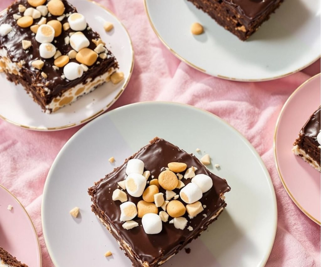 Double chocolate chip sheet cake topped with mini marshmallows and crushed malt balls