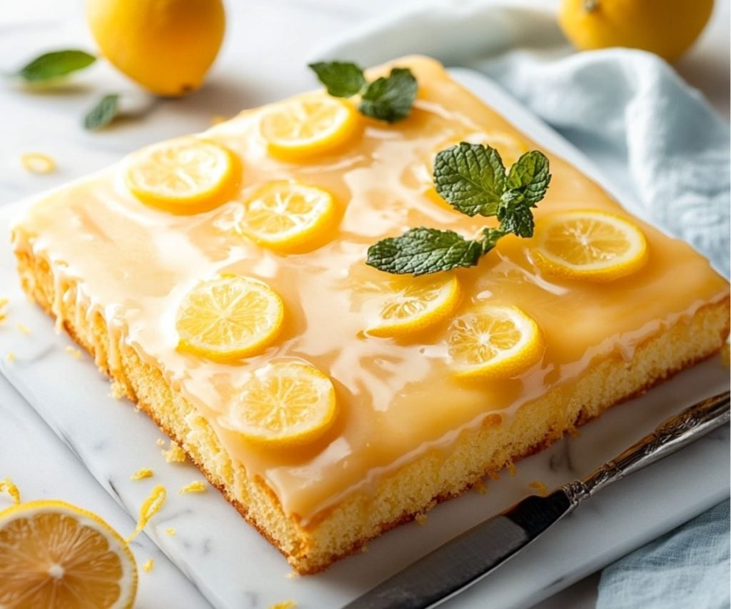 Iced lemon sheet cake cut into squares with a set lemon glaze