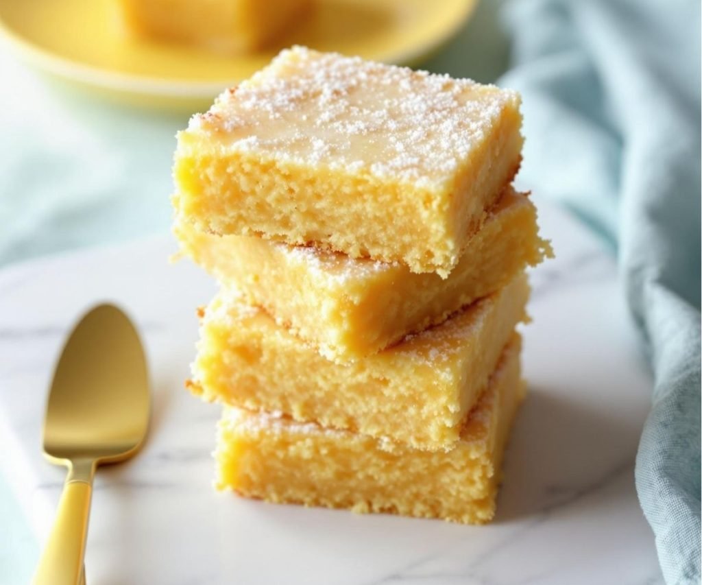 Lemon drizzle sheet cake with a crunchy sugar topping sliced into squares