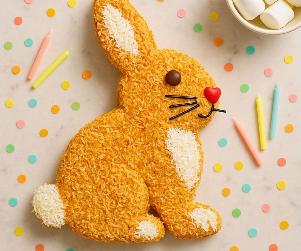 Bunny rabbit birthday cake covered in toasted coconut with candy eyes and licorice whiskers