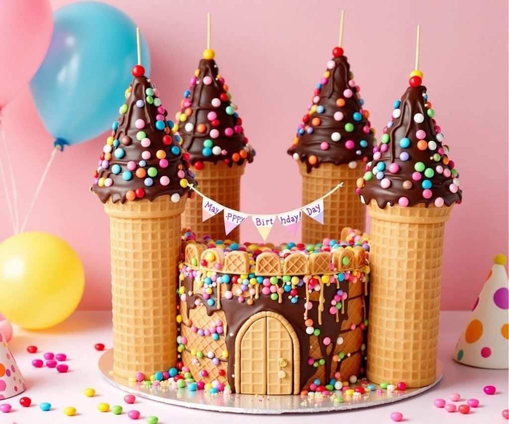 Castle birthday cake with chocolate finger walls, candy turrets and ice cream cone towers