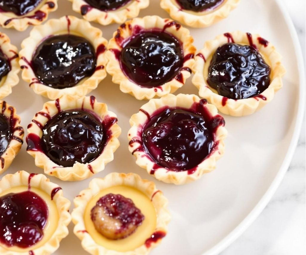 Mini jam tarts with buttery pastry shells and raspberry jam filling