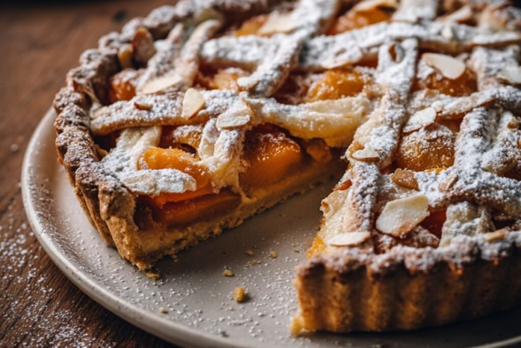 Austrian apricot and almond tart with apricot halves arranged over almond paste