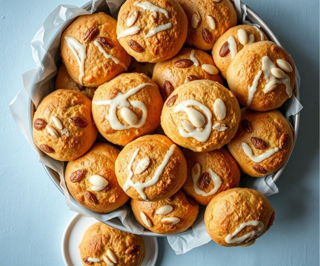 Coburg buns topped with crunchy sliced almonds