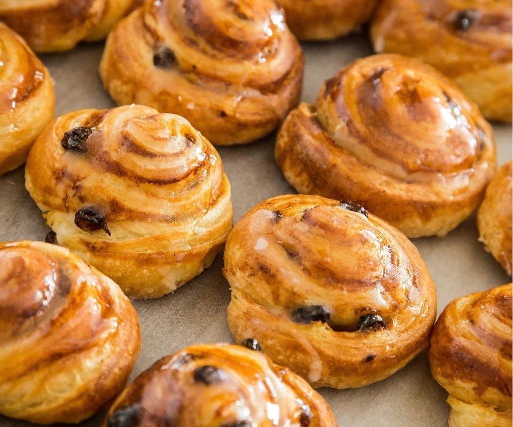 Golden homemade Danish pastries fresh from the oven