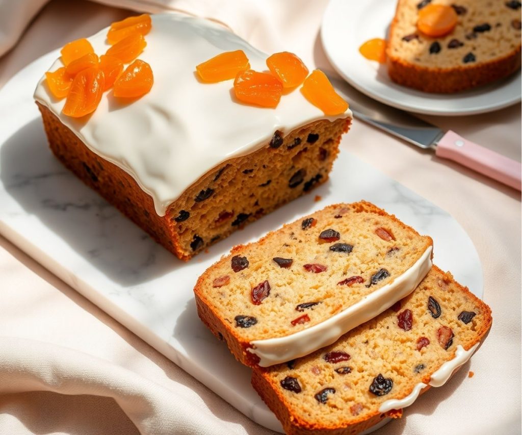 Iced apricot fruit loaf topped with sweet icing and apricots