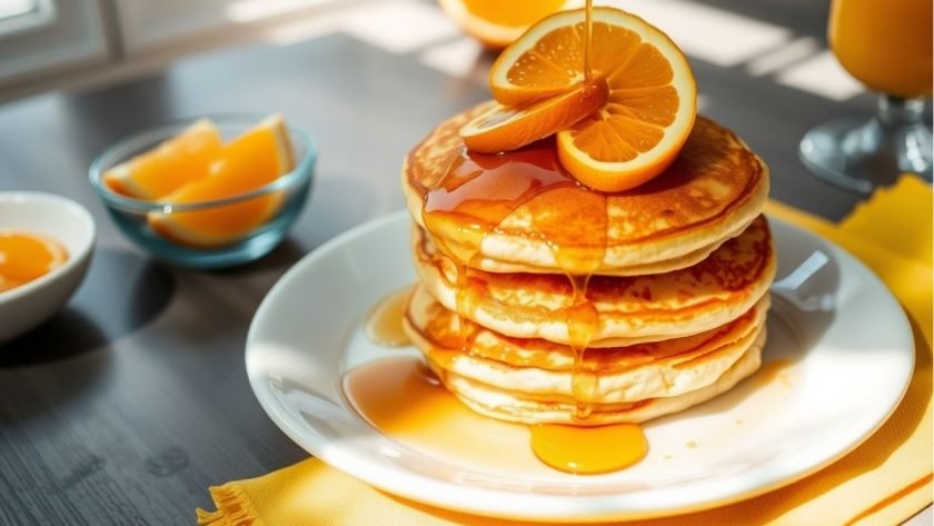 Stack of homemade orange pancakes with fresh orange slices and syrup