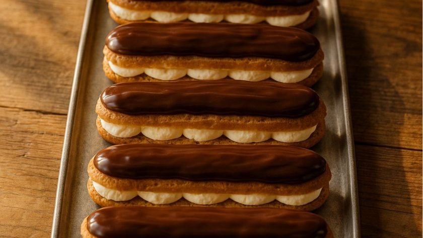 Mary Berry chocolate eclairs filled with cream and topped with chocolate