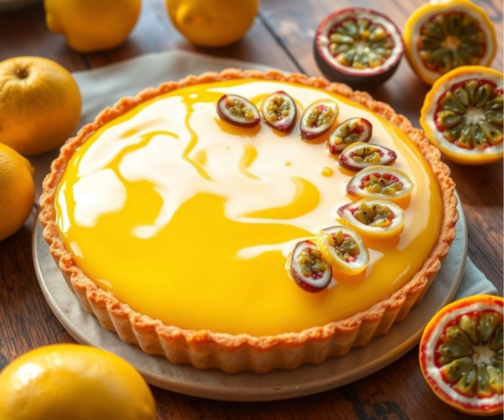 Mary Berry lemon tart with a buttery crust finished with lemon curd and passion fruit