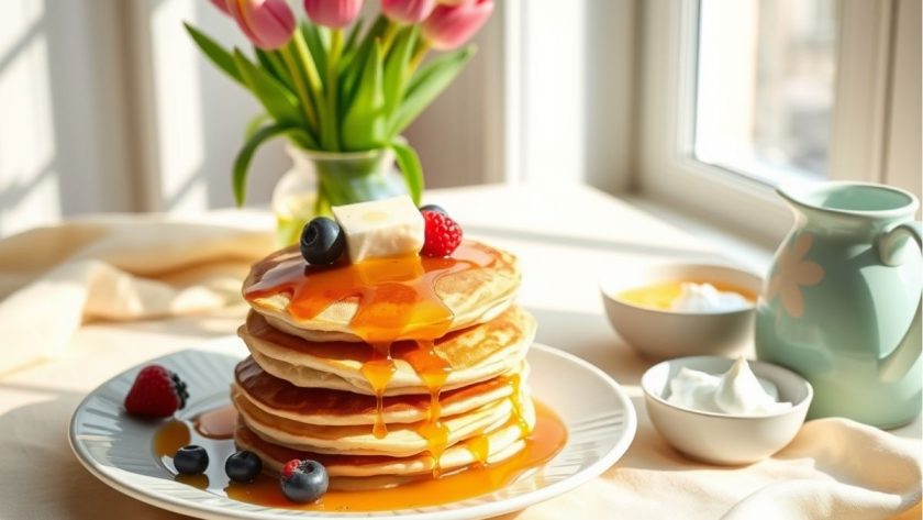 Fluffy Mary Berry pancakes stacked with syrup and fresh berries