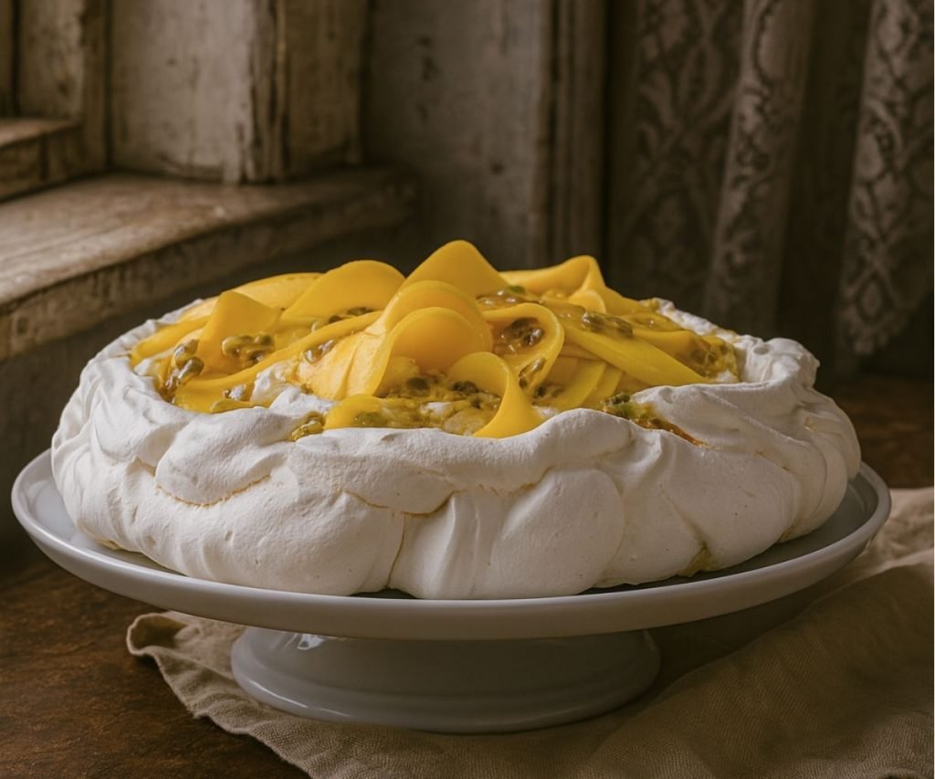 Mary Berry pavlova topped with lemon curd, cream, mango and passion fruit