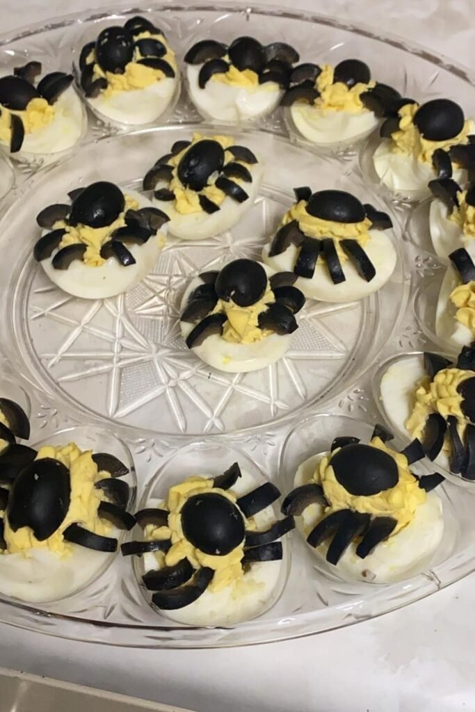 Black Widow Deviled Eggs With Olive Spiders