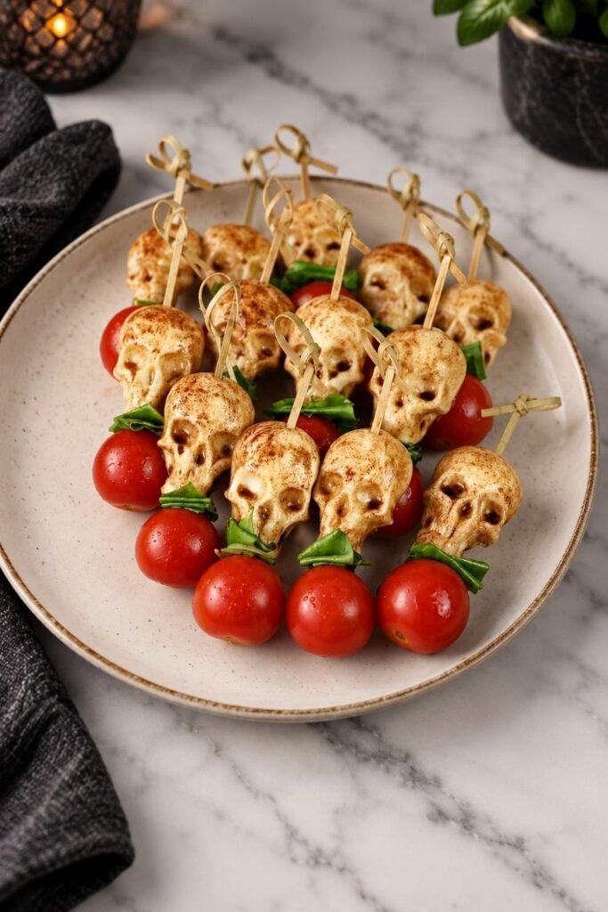Ghostly Caprese Skewers With Mozzarella Phantoms