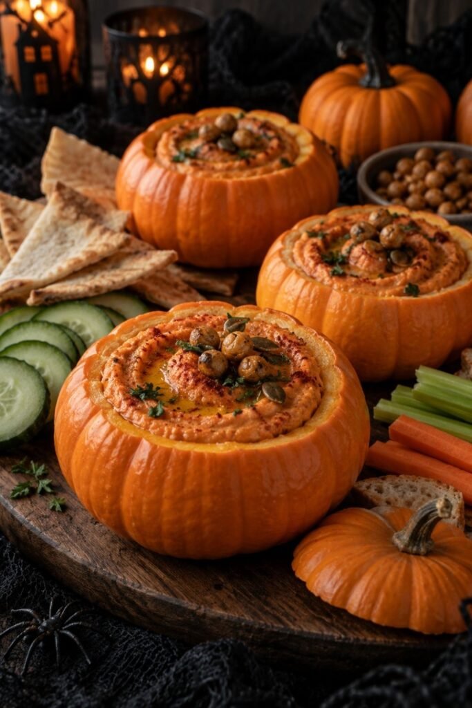 Roasted Red Pepper Hummus Served in Mini Pumpkins