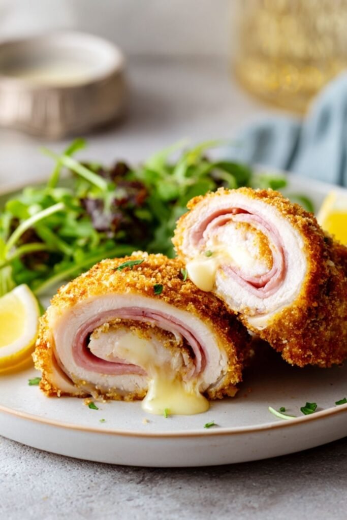 Chicken cordon bleu sliced to show ham and melted Gruyere inside a crisp breadcrumb crust