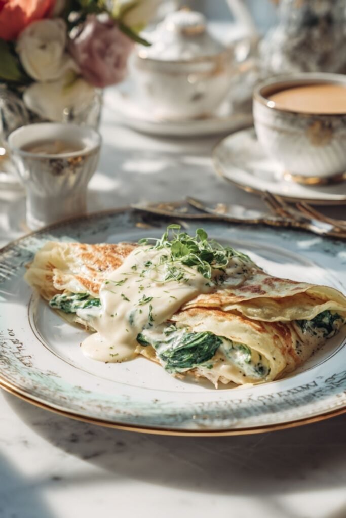 Chicken crepes Florentine filled with spinach and mushroom sauce under melted Gruyere