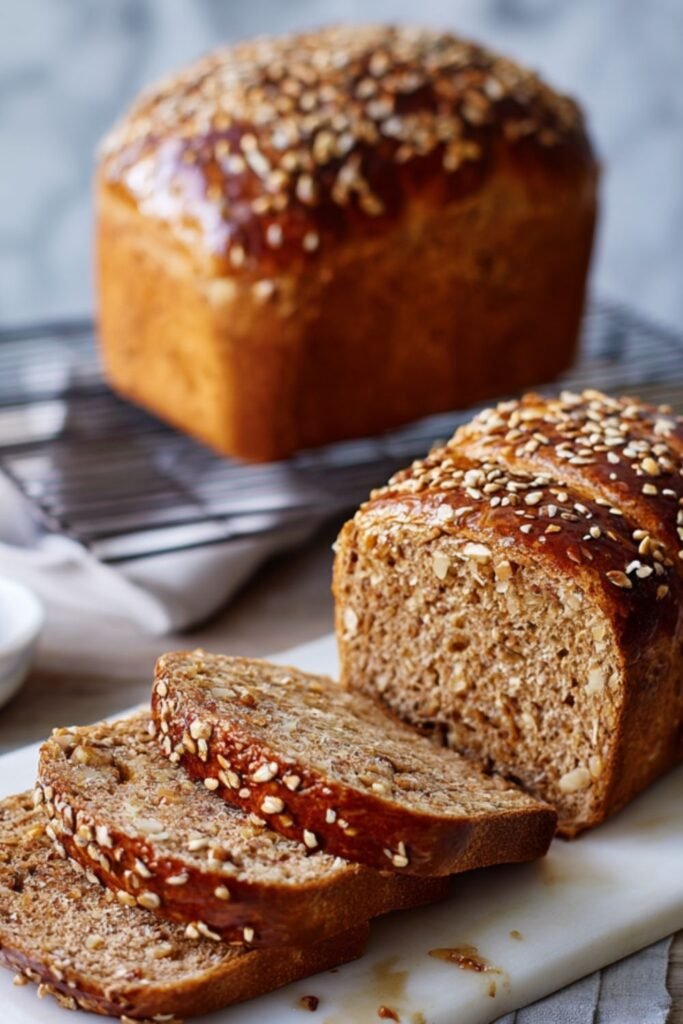Honey glazed walnut bread with a glossy crust and sunflower seed topping