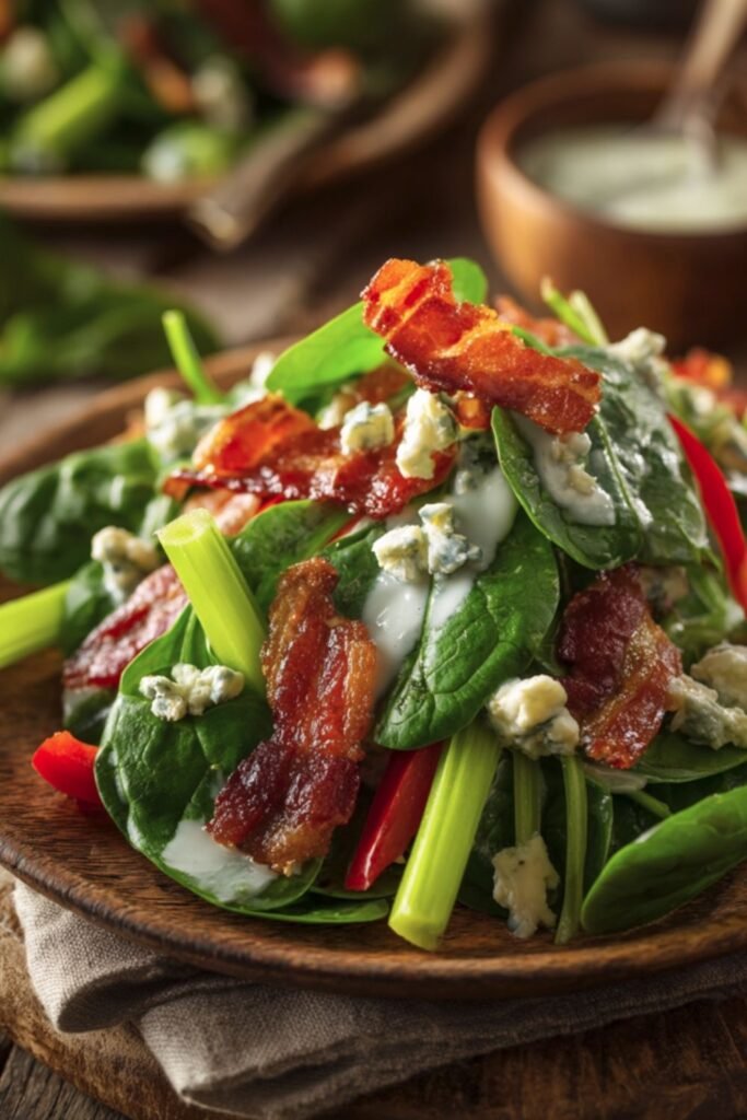 Spinach and bacon salad with crispy bacon, baby spinach and garlic croutons