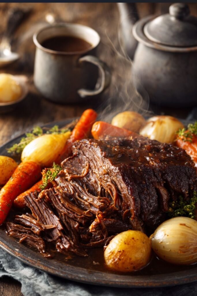Beef pot roast with vegetables braised with carrots, celery and rutabaga