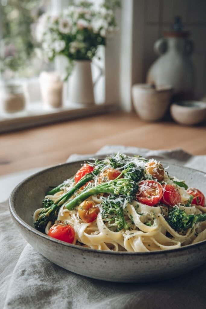 Mary Berry fettuccine primavera tossed with spring vegetables and cream sauce