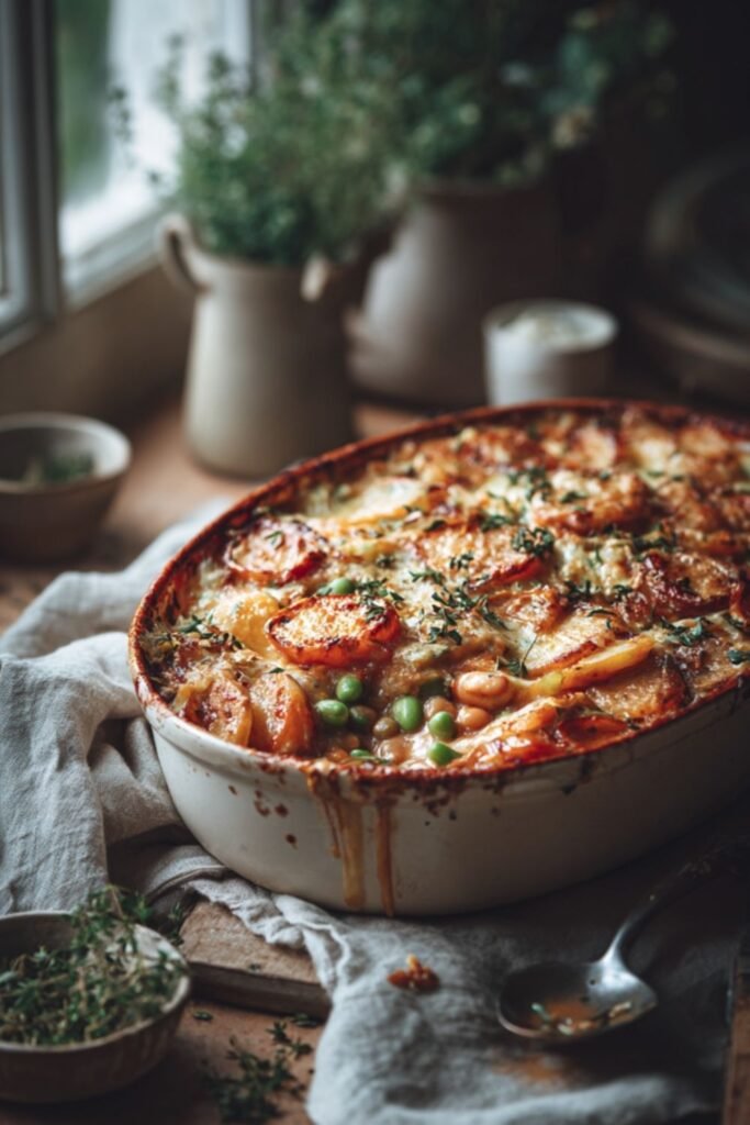 Mary Berry mixed bean bake with leeks under a golden cheddar cheese sauce