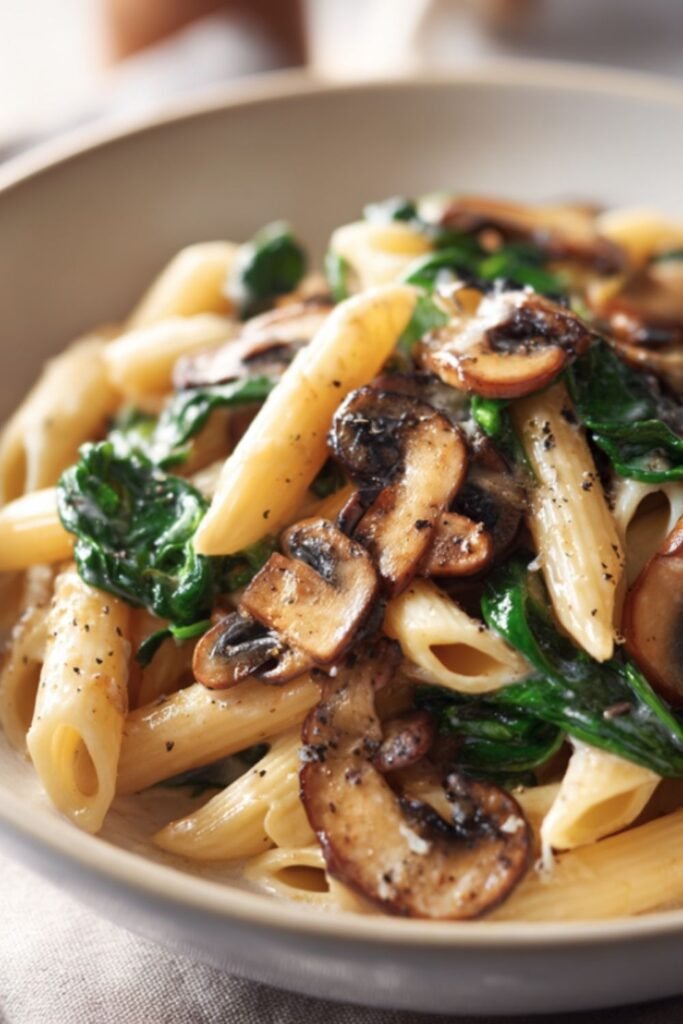 Mary Berry penne pasta with creamy Stilton mushroom sauce and spinach