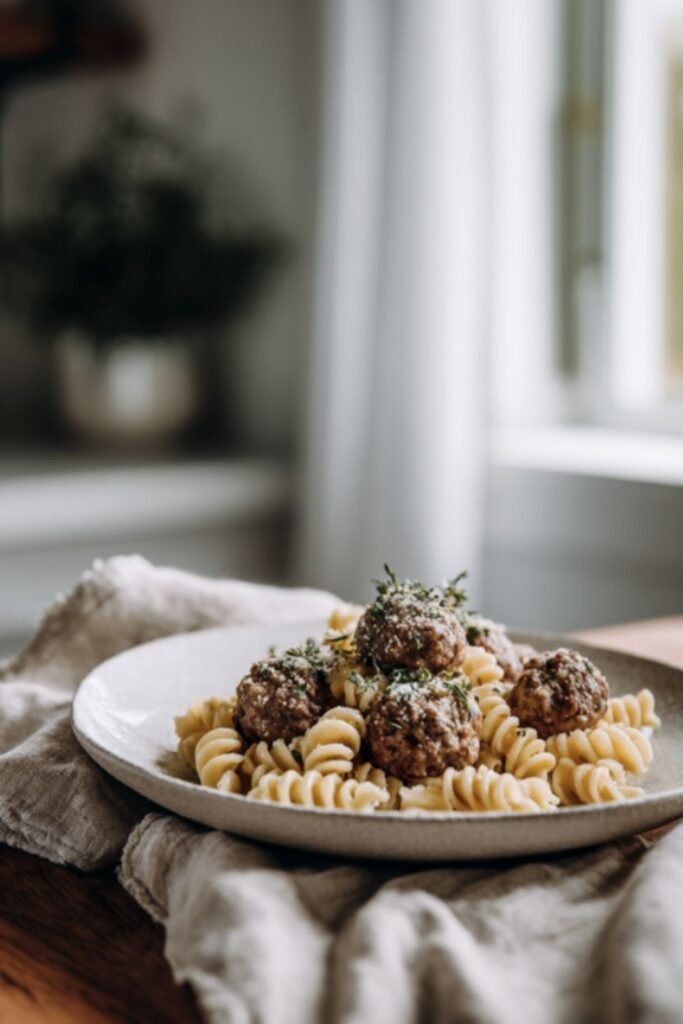 Pasta Spirals with Herbed Meatballs
