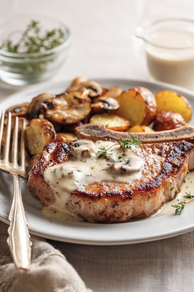 Pork chops with mixed peppercorns in a white wine and cream pan sauce