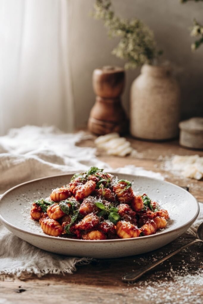 Spinach gnocchi served with rich tomato sauce and Parmesan