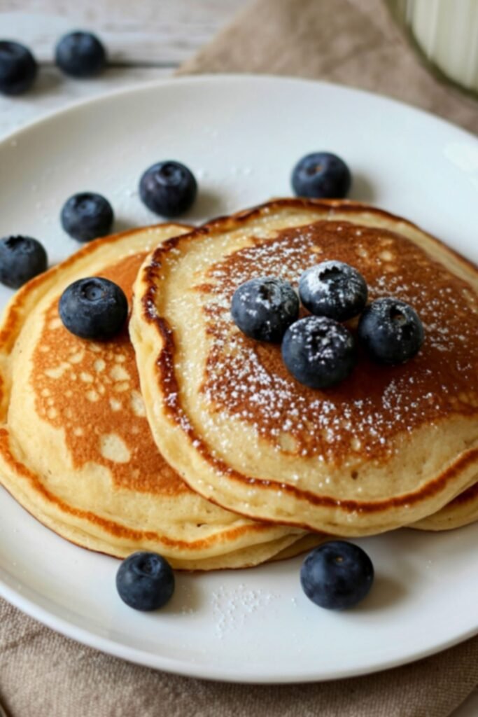 Golden fluffy pancakes topped with fresh blueberries