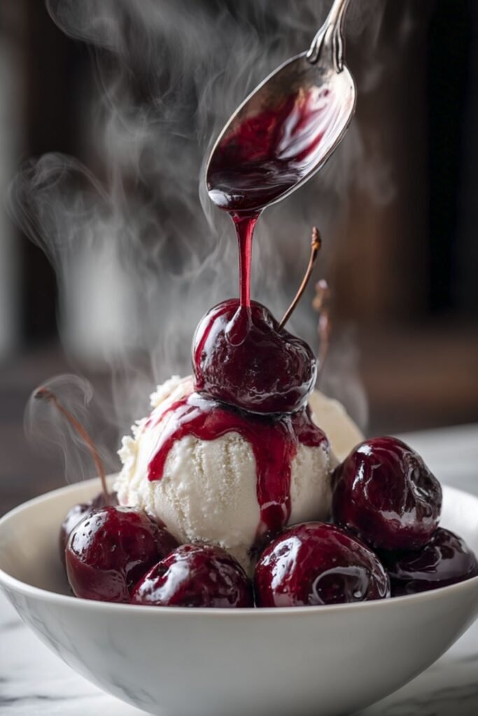 Mary Berry cherries jubilee spooned warm over vanilla ice cream