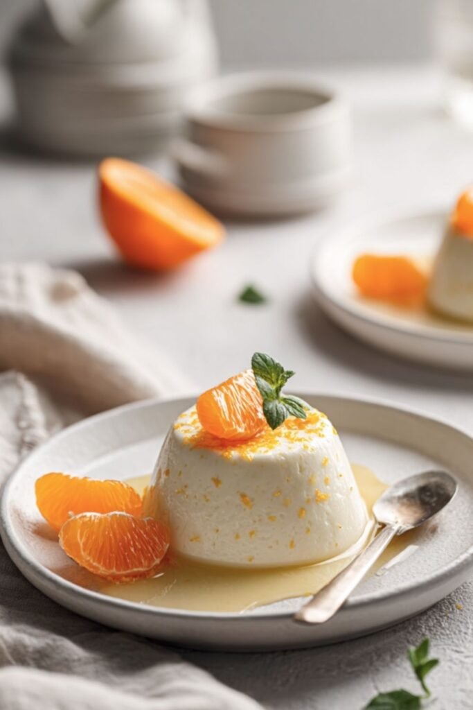 Mary Berry orange panna cotta turned out onto a plate with soaked orange segments