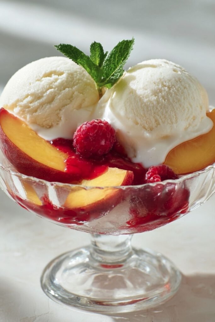 Mary Berry peach melba with vanilla ice cream and raspberry sauce