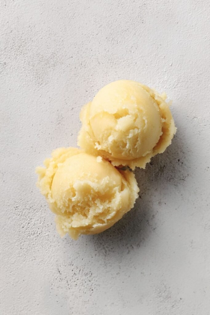 Mary Berry pear and ginger sorbet topped with pieces of crystallised ginger