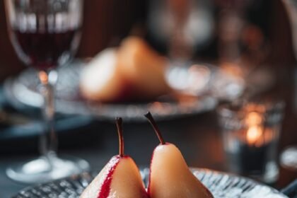 Mary Berry Poached pears with blackberry sauce