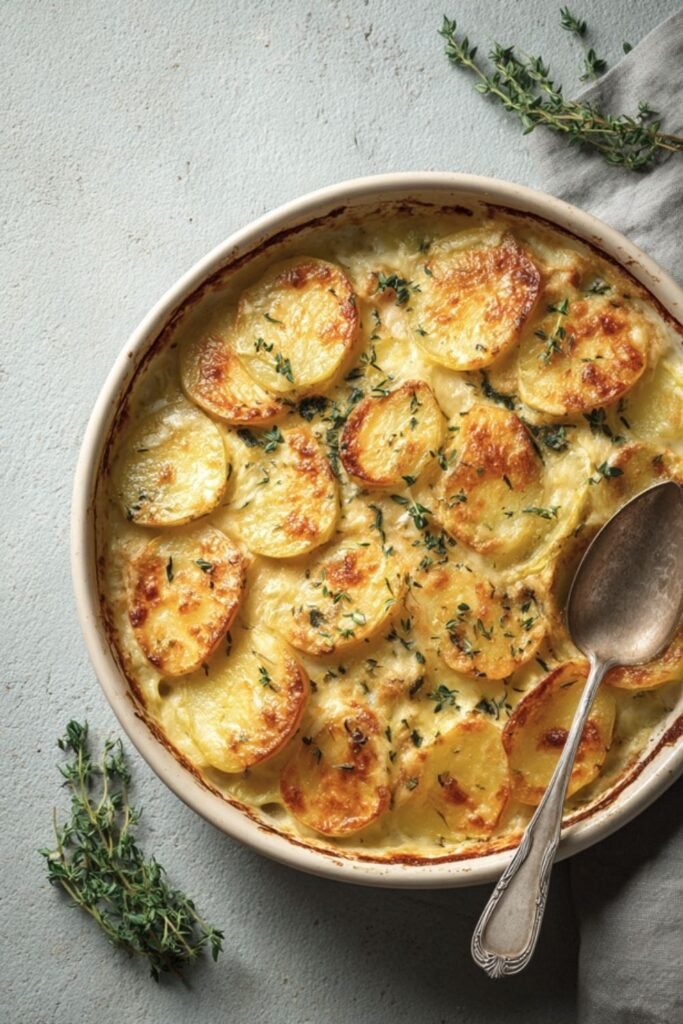 Mary Berry potatoes au gratin with a golden Gruyere crust in a shallow dish