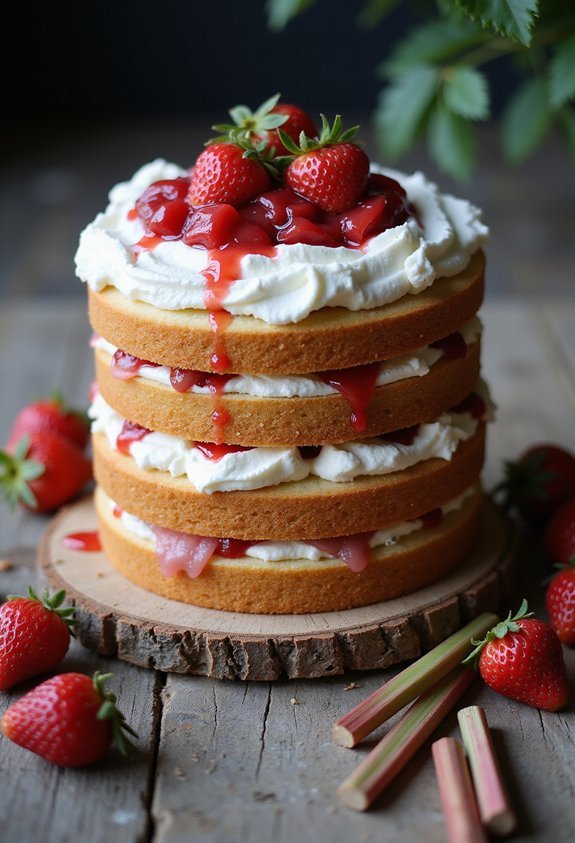 layered strawberry rhubarb cake with streusel