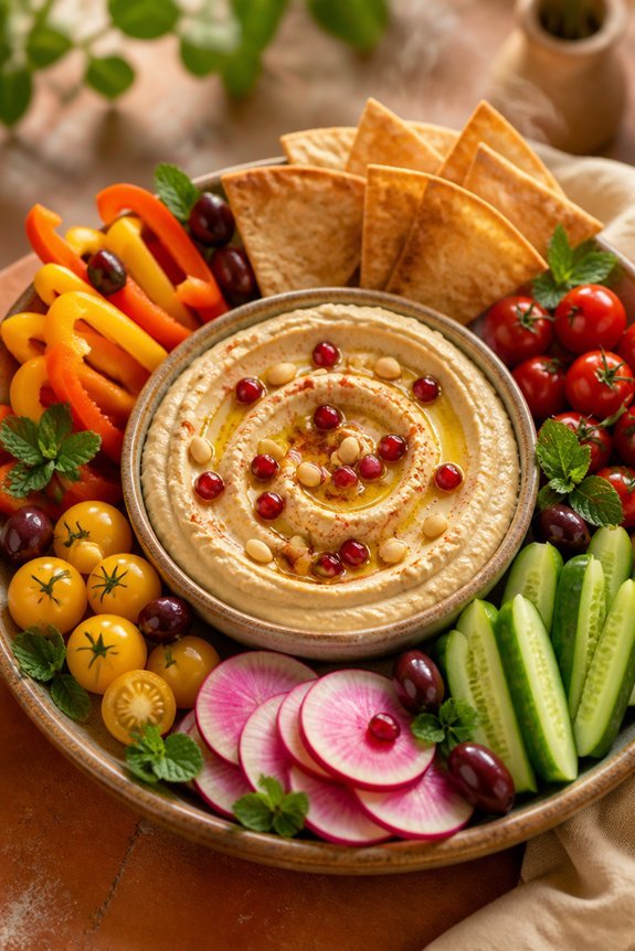 colorful veggie hummus platter