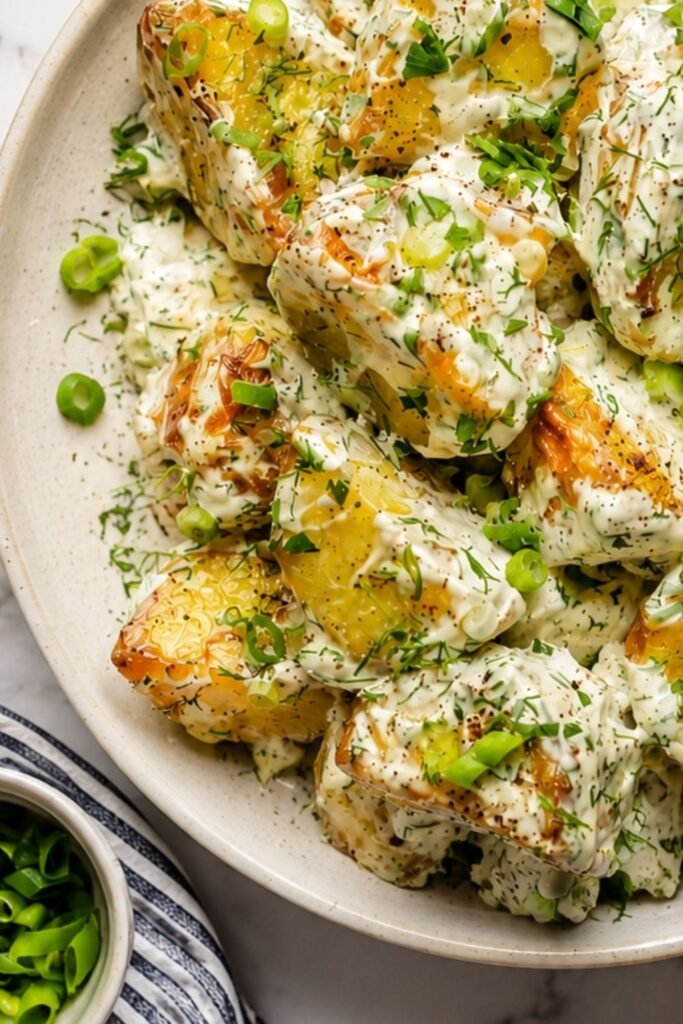 Crispy potato salad with roasted browned potatoes and creamy herb dressing