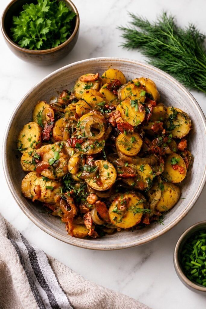 German potato salad with sliced waxy potatoes, crisp bacon and warm vinegar dressing