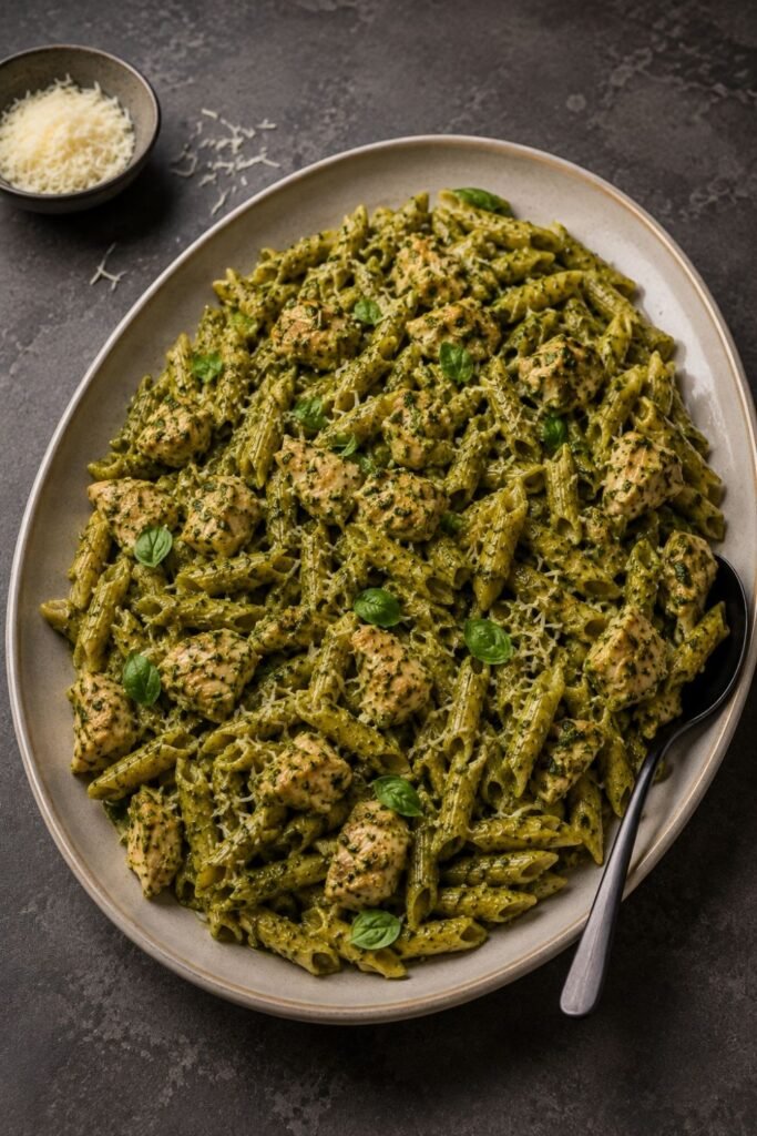 Chicken pesto pasta with penne, browned chicken and creamy basil pesto sauce