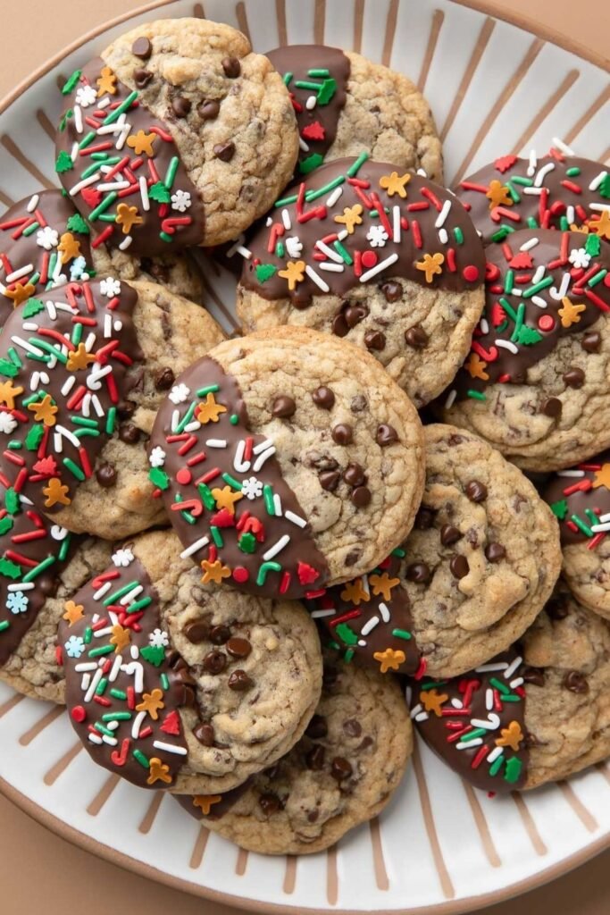 Chocolate Dipped Chocolate Chip Cookies With Christmas Sprinkles